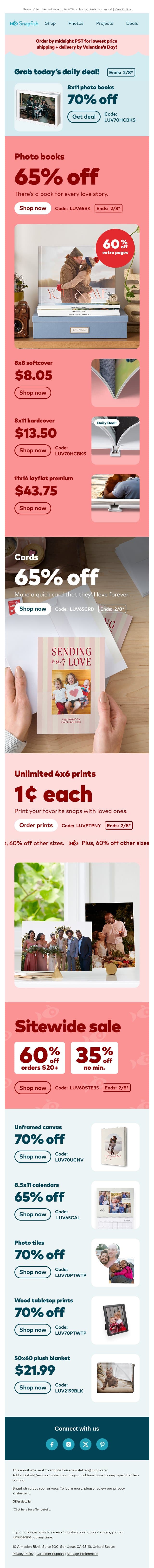 🩵 Daily deals + V-Day savings email from Snapfish screenshot