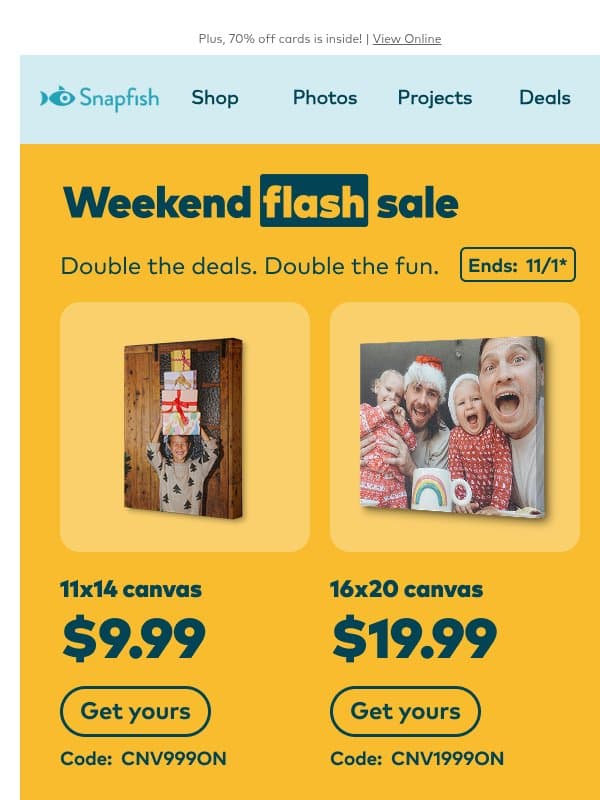 ๐ Weekend Flash: Double canvas deals email from Snapfish