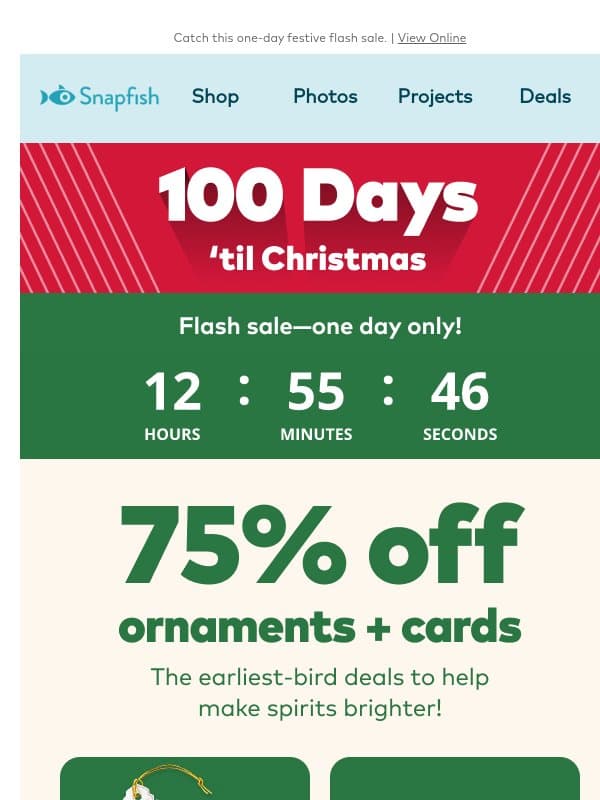 🎄100 days ‘til Christmas means 75% off today! email from Snapfish