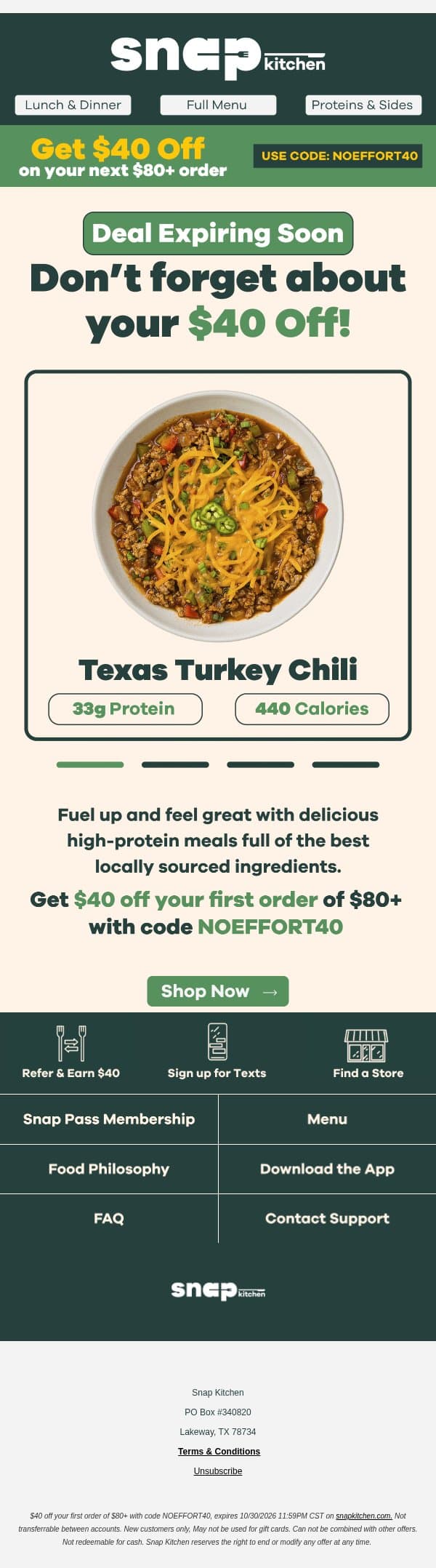 $40 Off Meals Expiring Soon... email from SnapKitchen screenshot