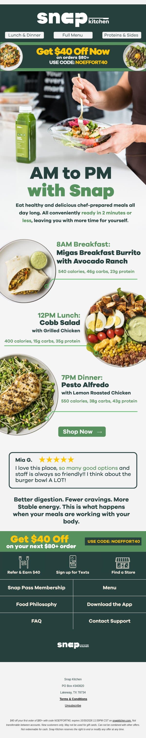Eat Healthy & Save $40 Now email from SnapKitchen screenshot