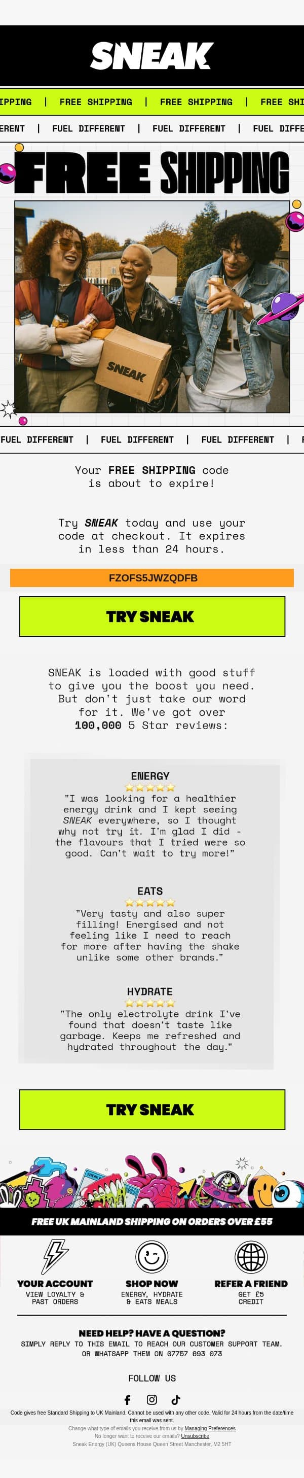 Get Free Shipping 🚚 email from Sneak Energy screenshot