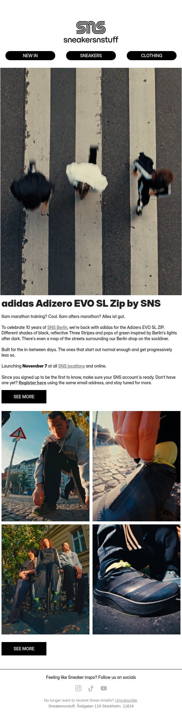 adidas Adizero Evo SL Zip by SNS. Alles ist gut. email from Sneakersnstuff screenshot
