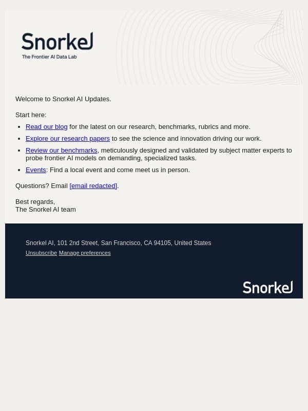 You’re subscribed — start here email from Snorkel AI screenshot