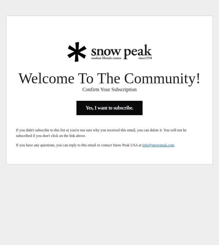 Confirm Your Subscription email from Snow Peak screenshot