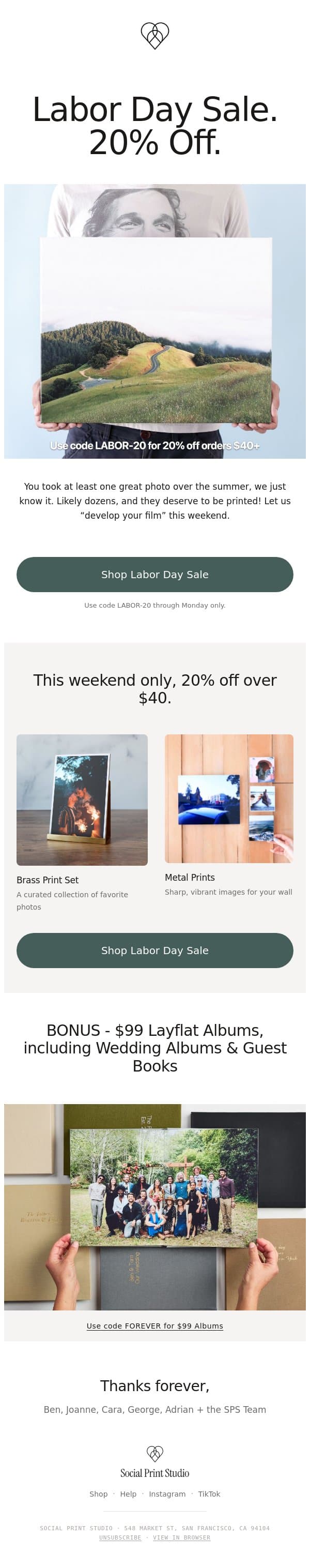 20% off for the Long Weekend Only! email from Social Print Studio screenshot