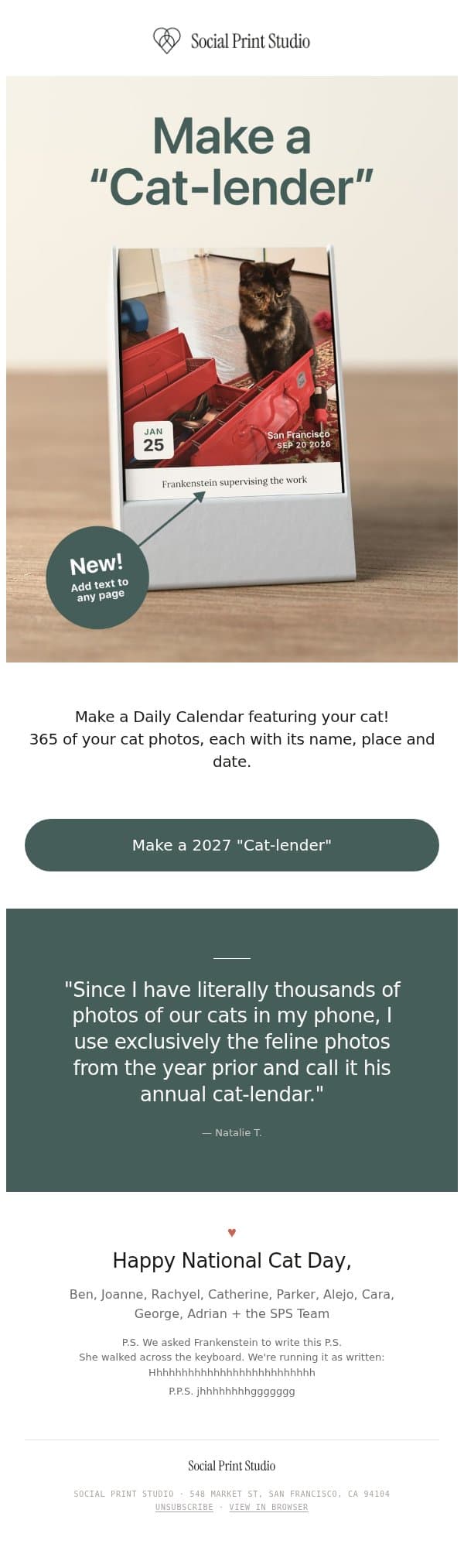 If you have 4,000 photos of your cat on your phone… email from Social Print Studio screenshot