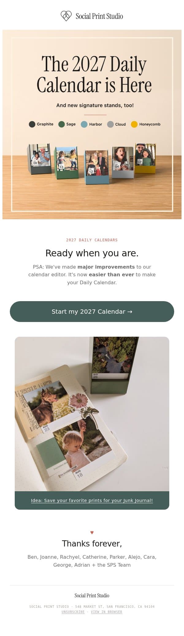 2027 Calendar Season at Social Print Studio email from Social Print Studio screenshot