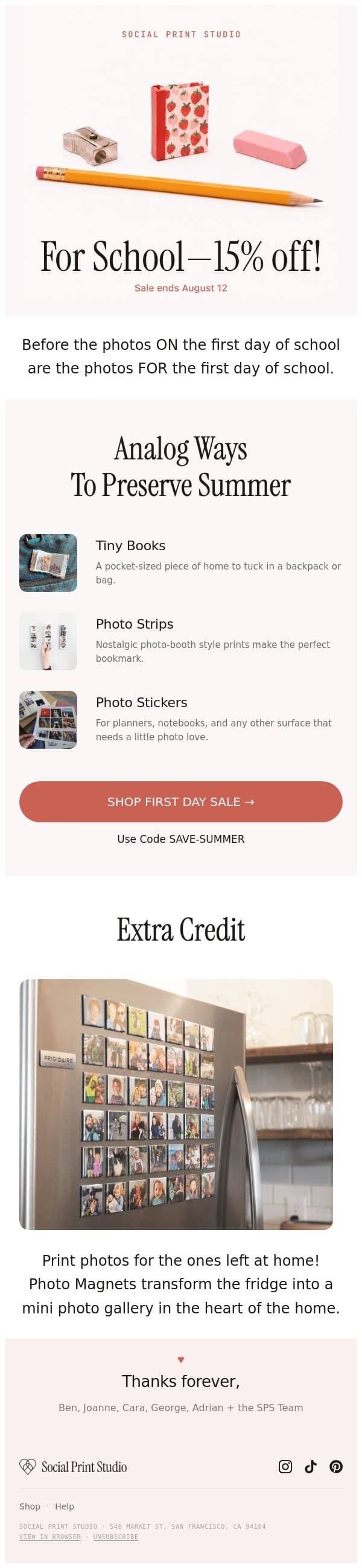 Order Before School! (+ take 15% off) email from Social Print Studio screenshot