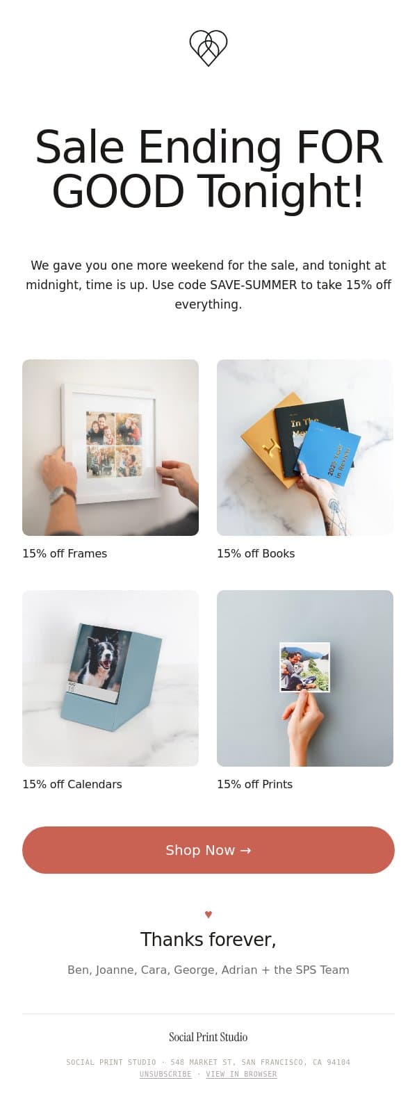 It’s last call for real | 15% off Ends at Midnight ⏰ email from Social Print Studio screenshot