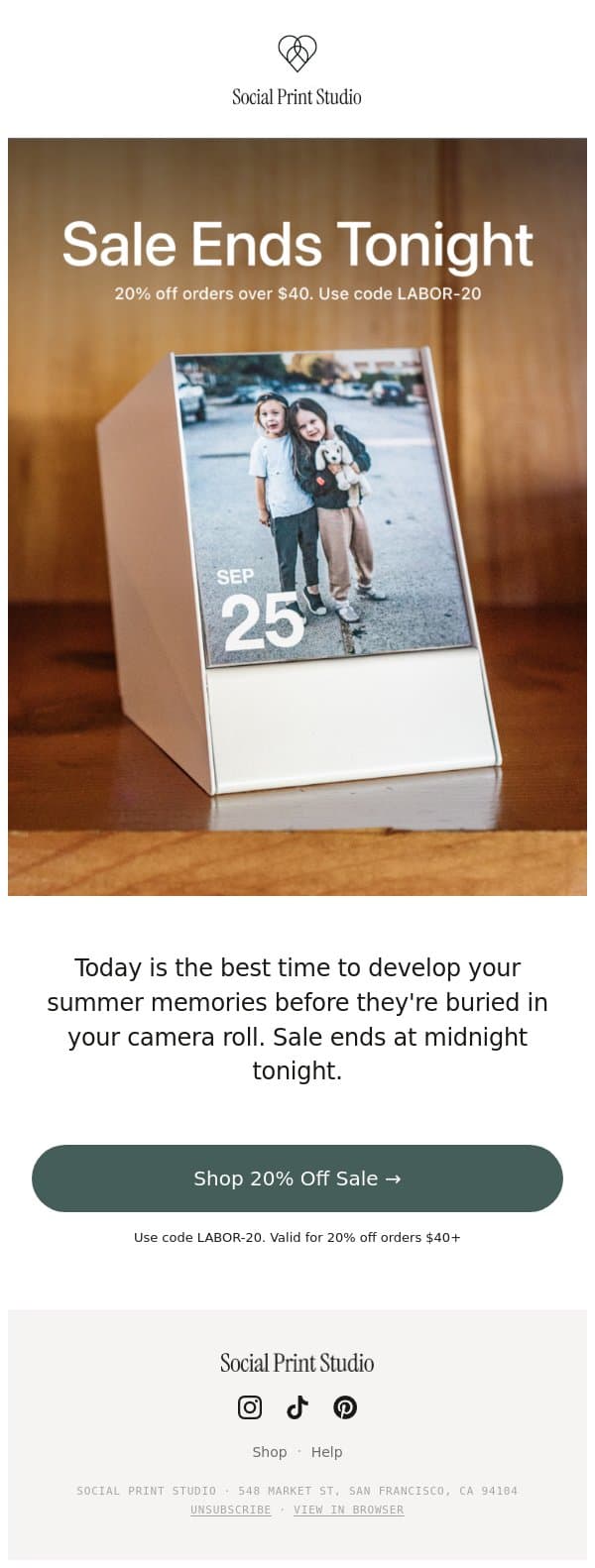 Final Hours for 20% off Photos email from Social Print Studio screenshot