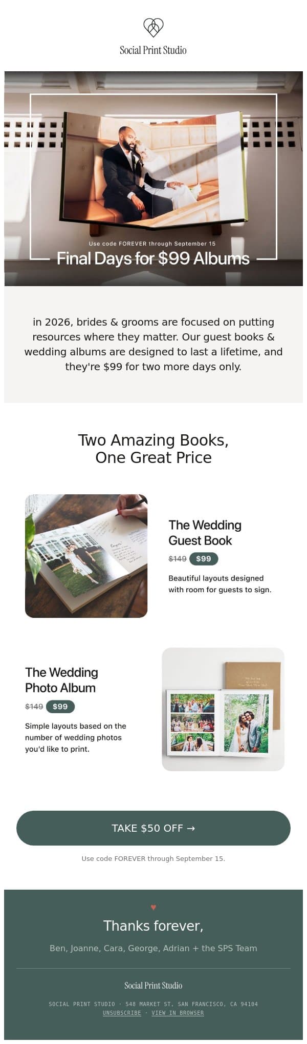 48 Hours Remain: the $99 Album Sale is Ending email from Social Print Studio screenshot