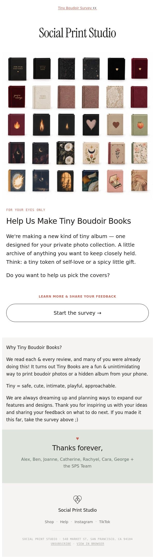 Help us make Tiny Boudoir Albums ๐ email from Social Print Studio screenshot