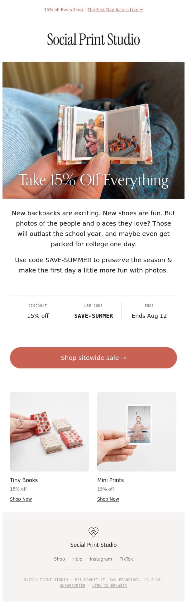 The Big First Day Sale is here! email from Social Print Studio screenshot