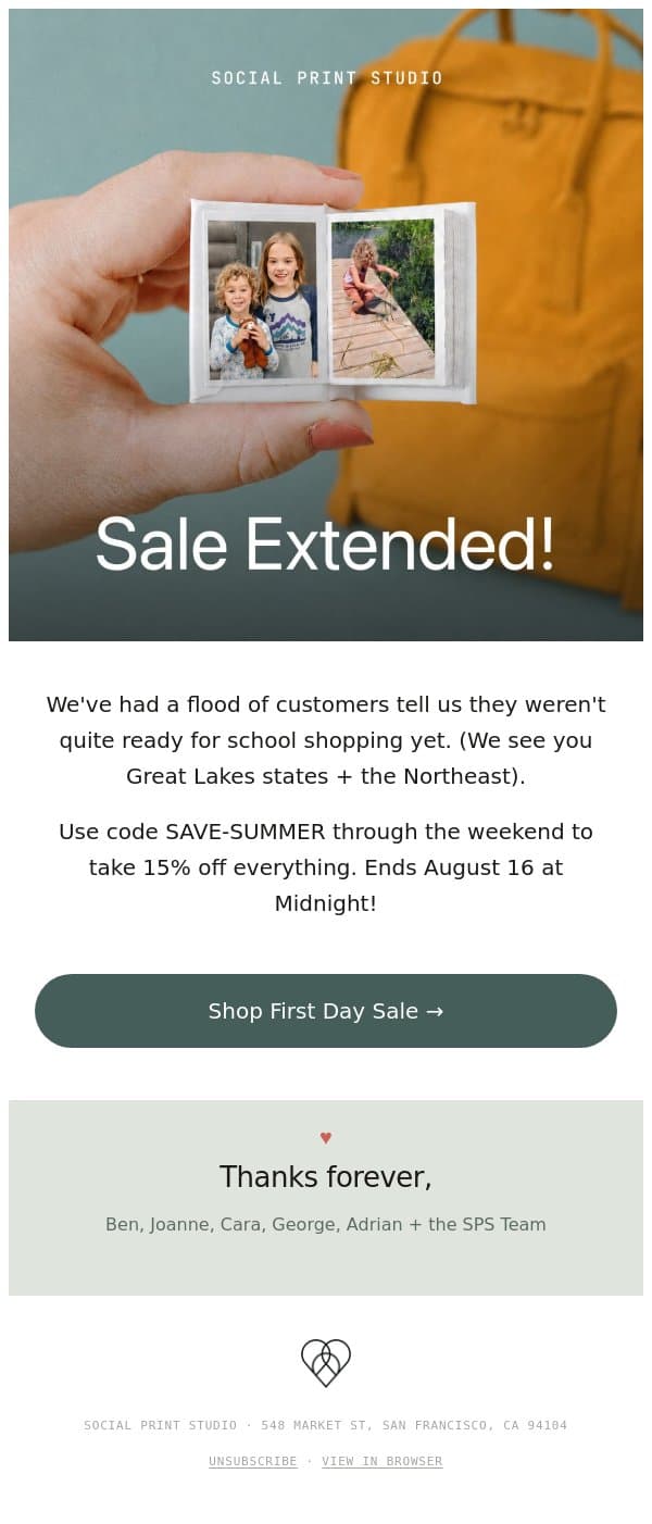 Sale extended! More time for 15% off sitewide email from Social Print Studio screenshot