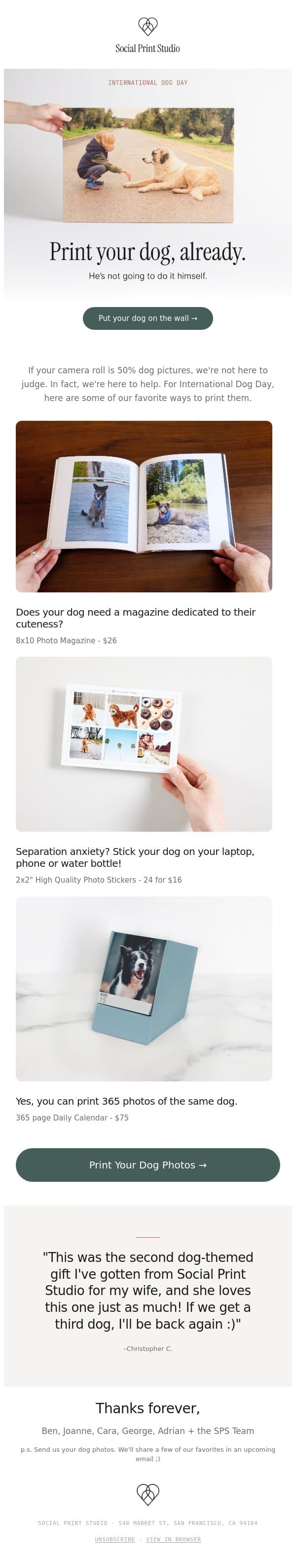 If you have 4,000 photos of your dog on your phone… email from Social Print Studio screenshot