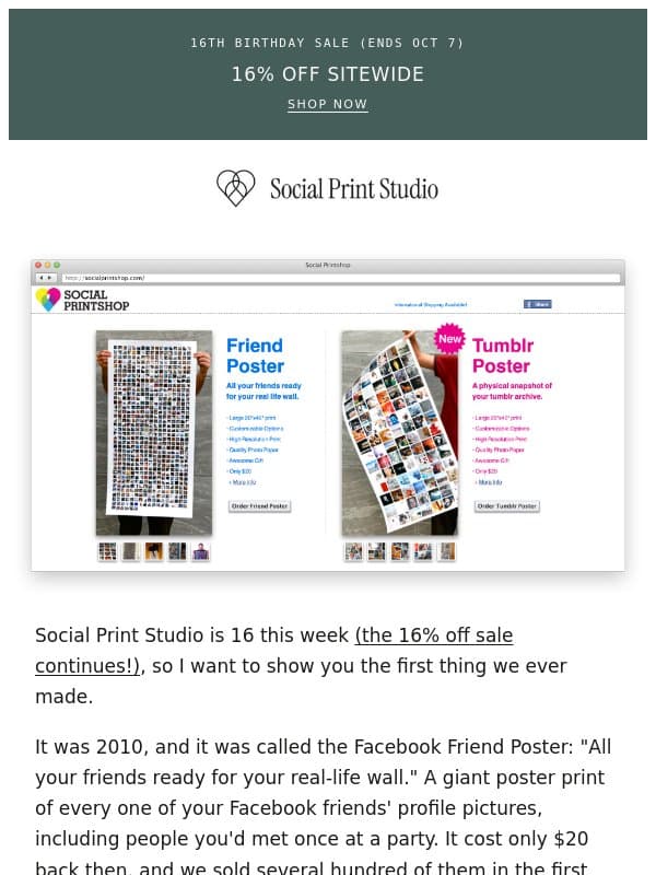 16% off for our 16th email from Social Print Studio