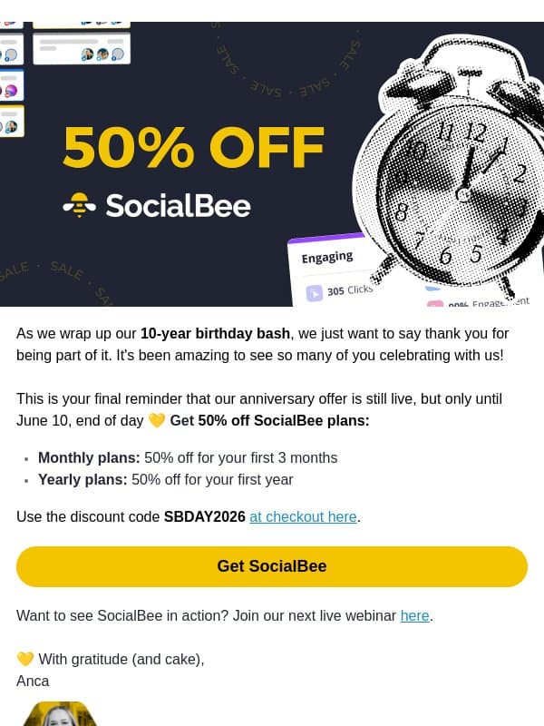 50% off ends tomorrow email from SocialBee