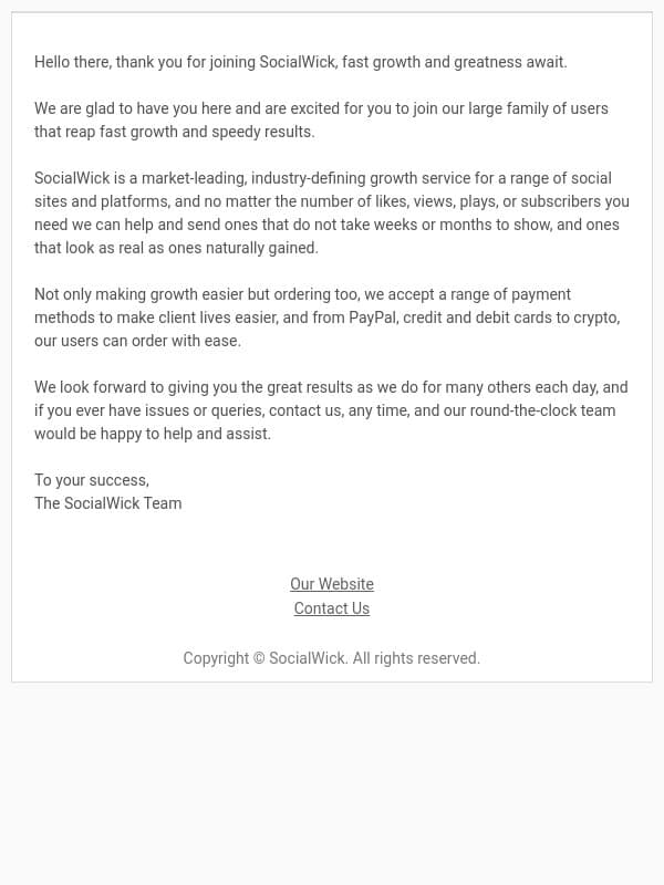 Registration successful, welcome to SocialWick email from SocialWick