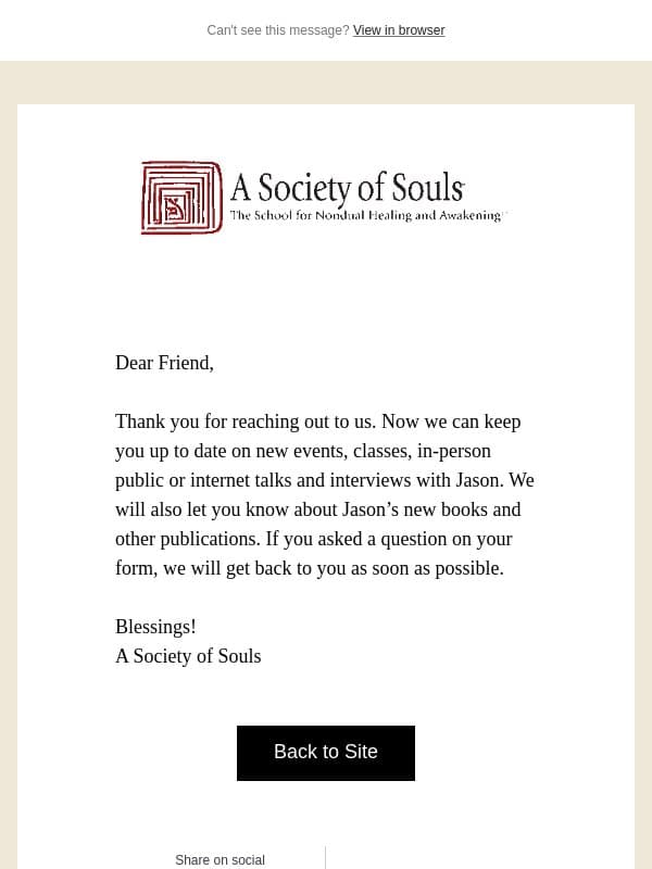 Thank you for subscribing email from Society of Souls