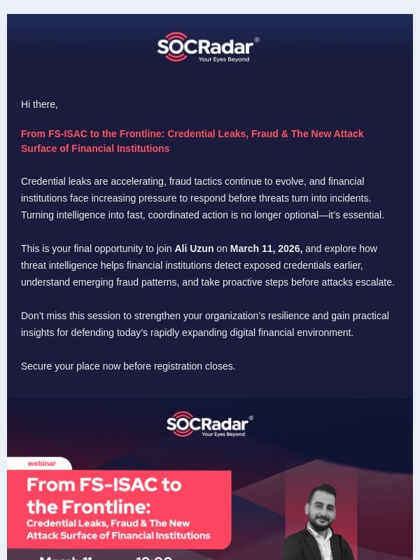 Hello there, Final Call: Strengthen Your Financial Threat Defense! email from SOCRadar