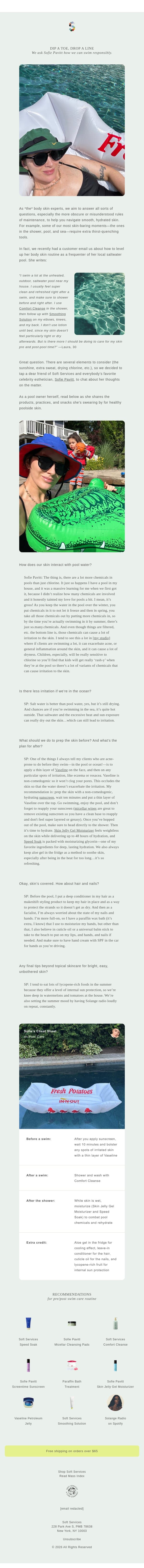 Tips for swimming responsibly this summer. email from Softservices screenshot