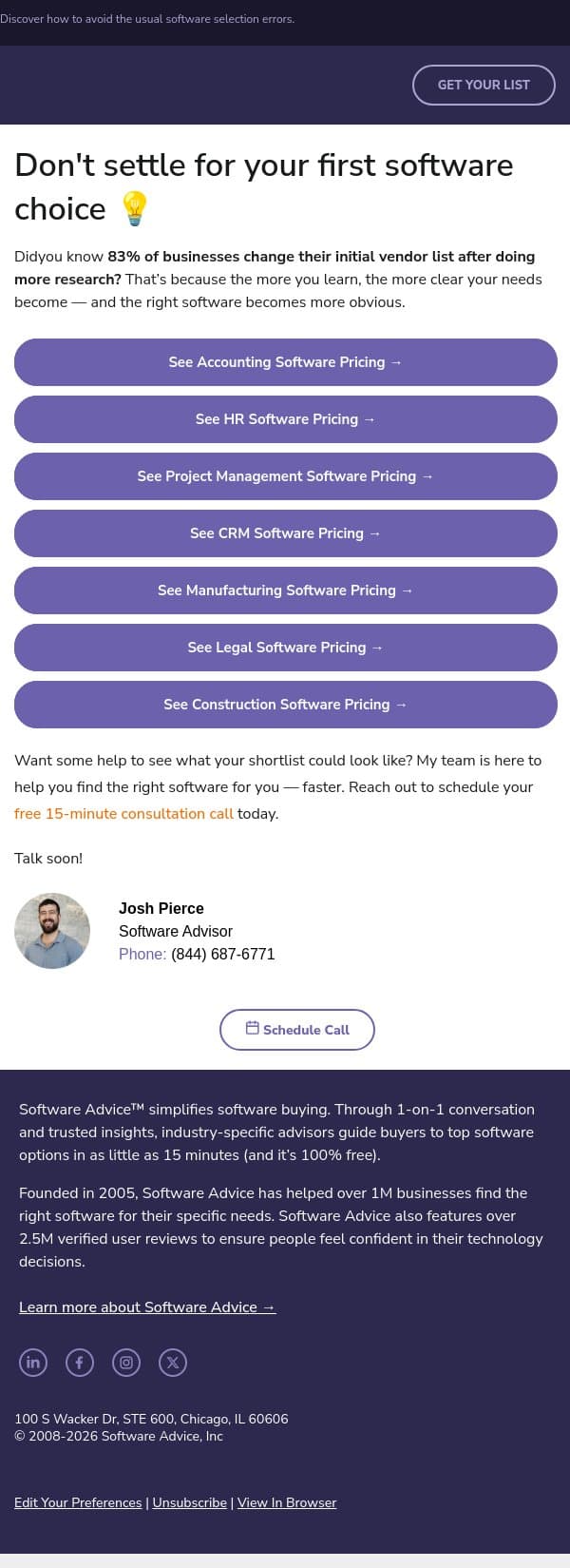 š 83% regret their software choiceāhereās why email from Software Advice screenshot