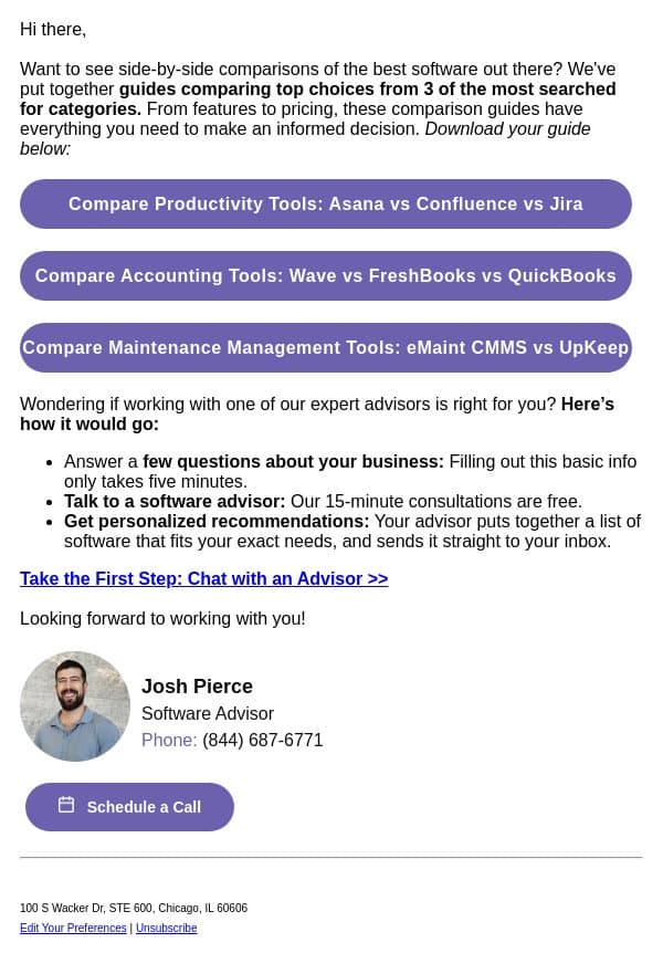 See top software compared side-by-side 🏆 email from Software Advice screenshot