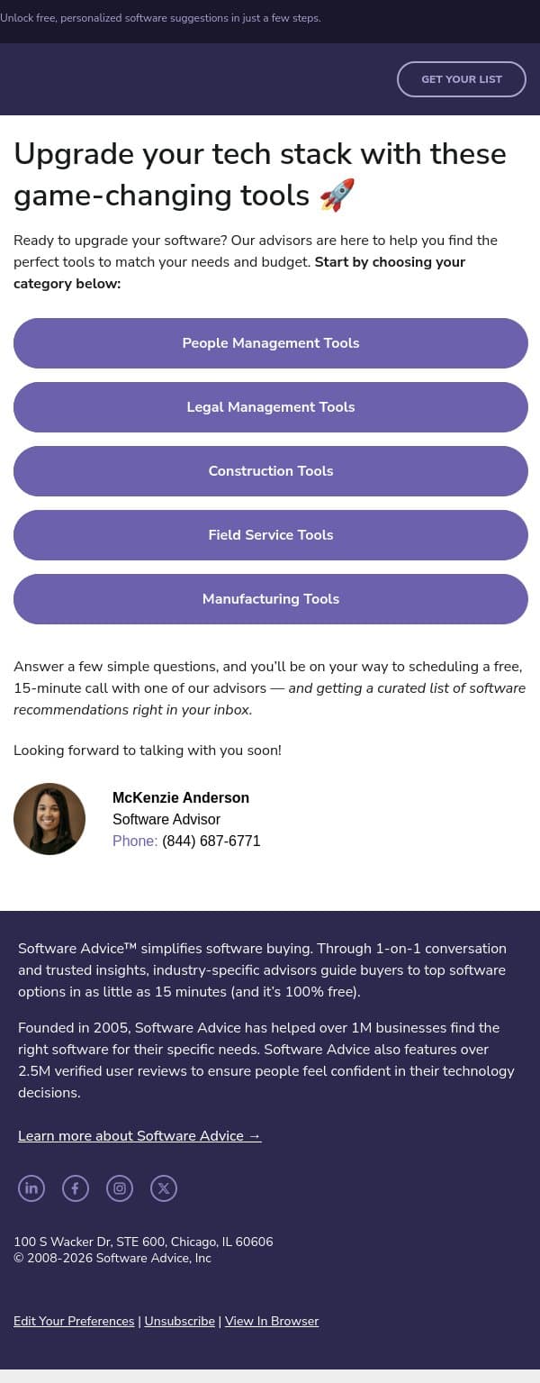 ๐ Ready for your next software upgrade? email from Software Advice screenshot