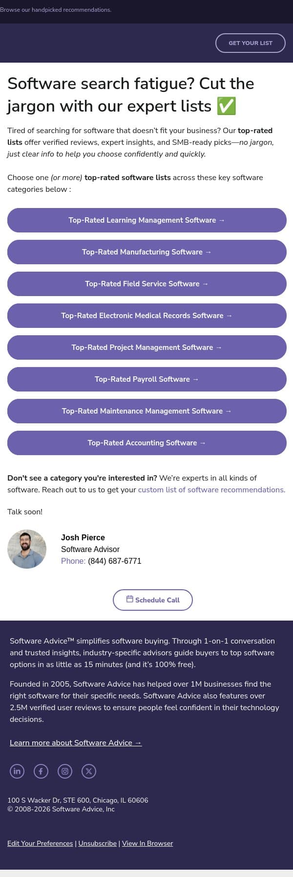 π€ Struggling to find the right tools for your needs? email from Software Advice screenshot