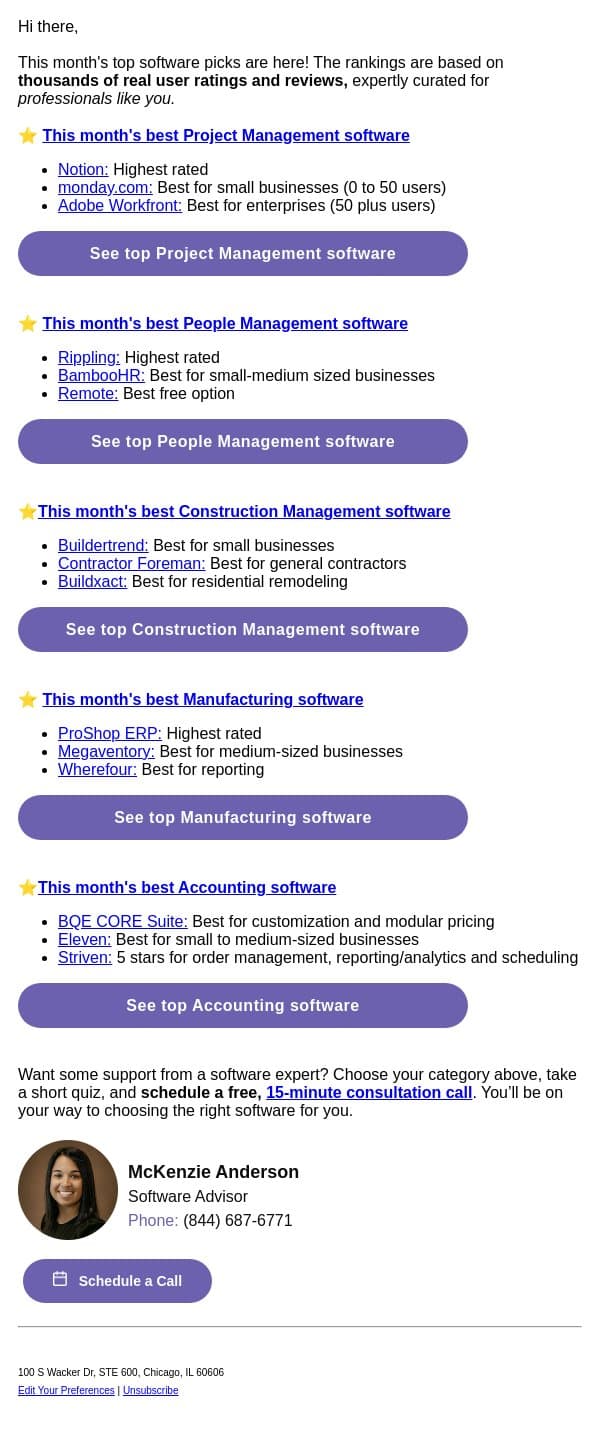π And the best software pick for this month is revealed.. email from Software Advice screenshot