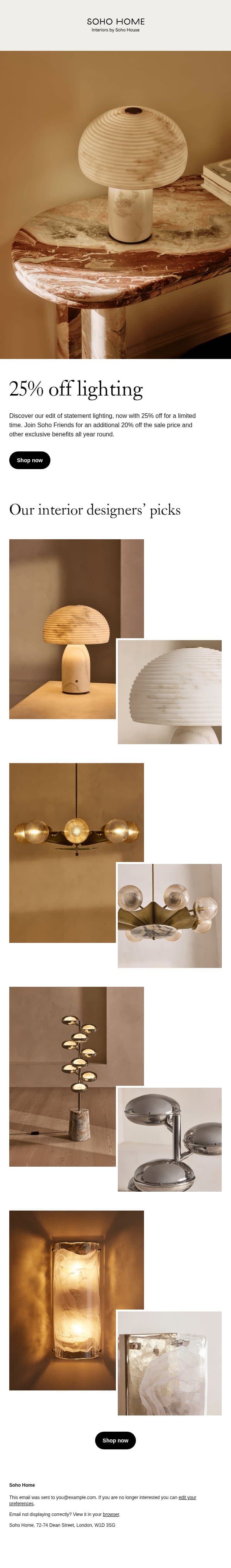 Our designers’ edit: 25% off lighting email from Soho Home screenshot