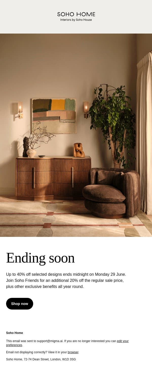 Ends soon: up to 40% off email from Soho Home screenshot