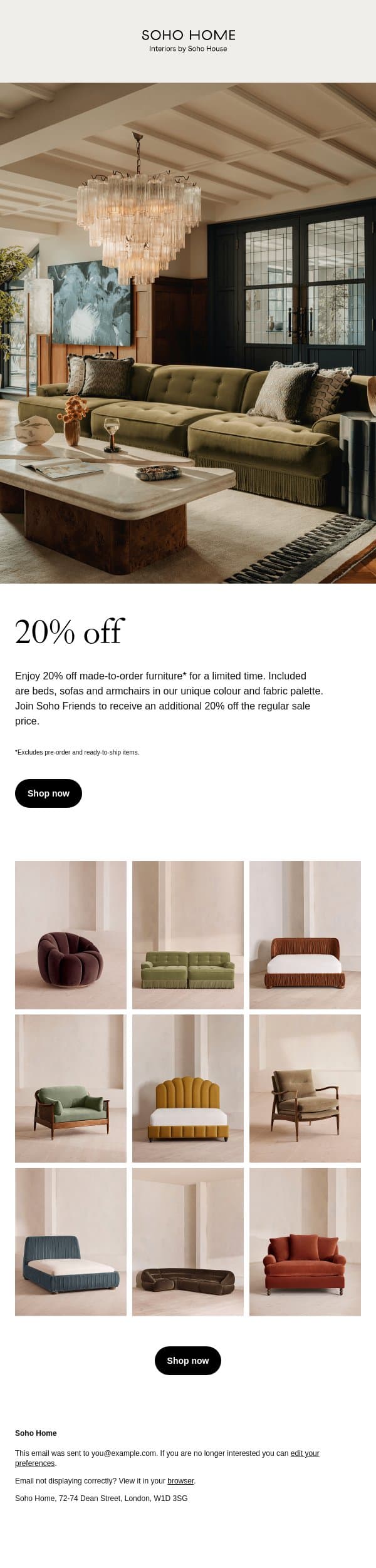 20% off made-to-order furniture email from Soho Home screenshot