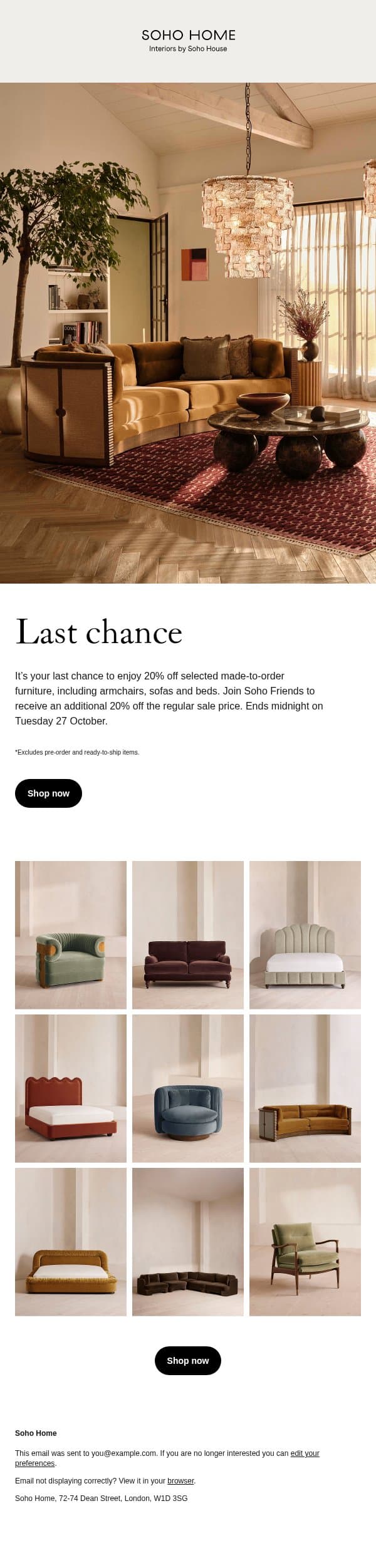 Last chance: 20% off made to order email from Soho Home screenshot