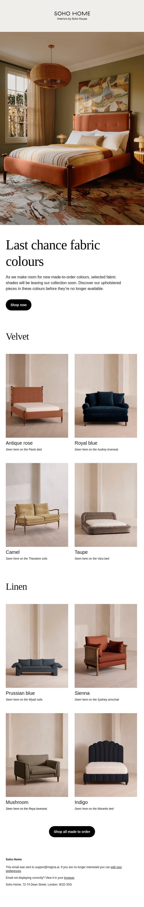 Made-to-order colours leaving soon email from Soho Home screenshot
