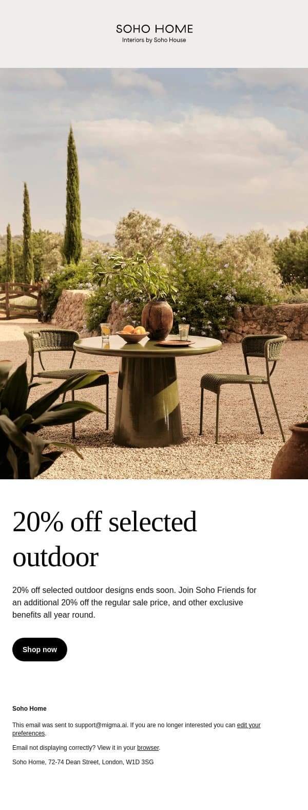 Ends soon: 20% off selected outdoor designs email from Soho Home screenshot