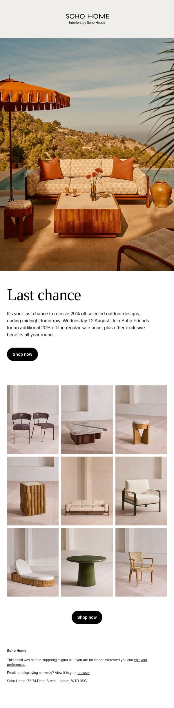 Ends tomorrow: 20% off email from Soho Home screenshot