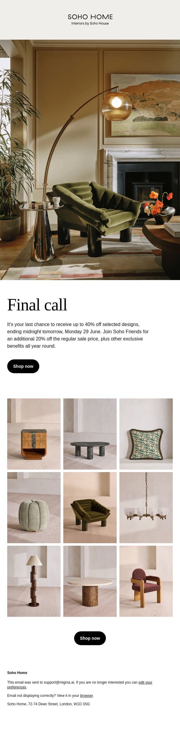 Ends tomorrow: up to 40% off email from Soho Home screenshot