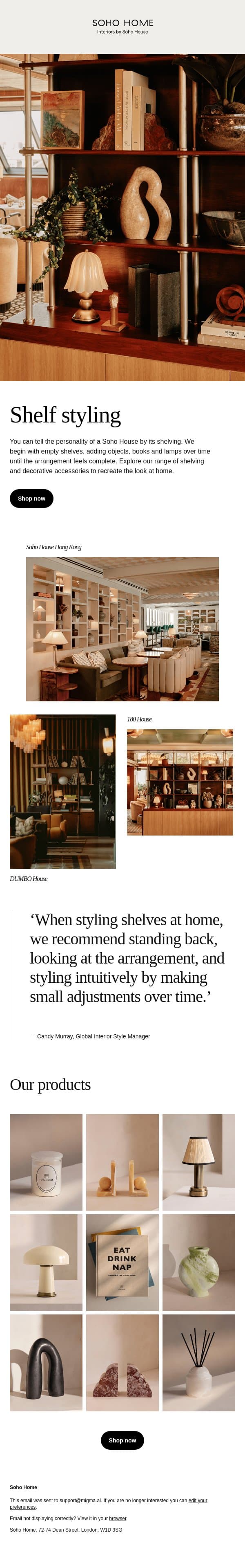 Style your shelves the Soho House way email from Soho Home screenshot