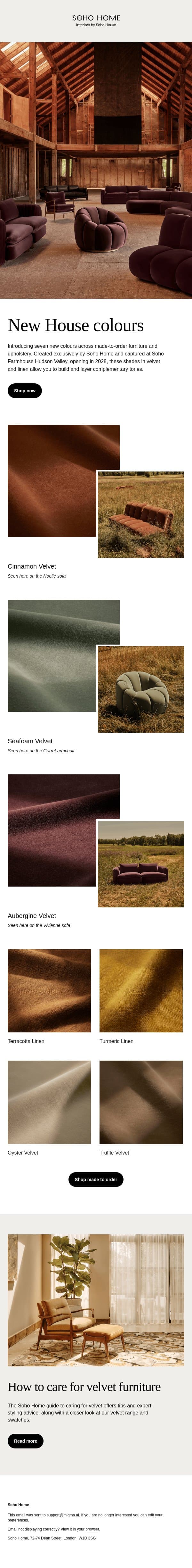 New made-to-order colour palette email from Soho Home screenshot
