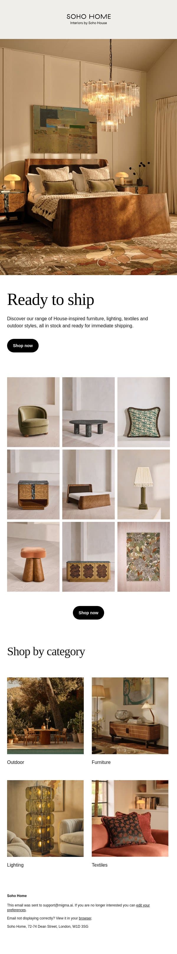In-stock styles, ready to ship email from Soho Home screenshot