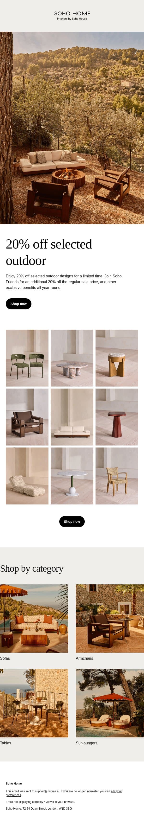 20% off selected outdoor designs email from Soho Home screenshot