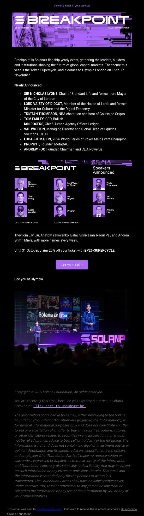Join Standard Life, DTCC, the House of Lords and an NBA champion, at Breakpoint email from Solana screenshot
