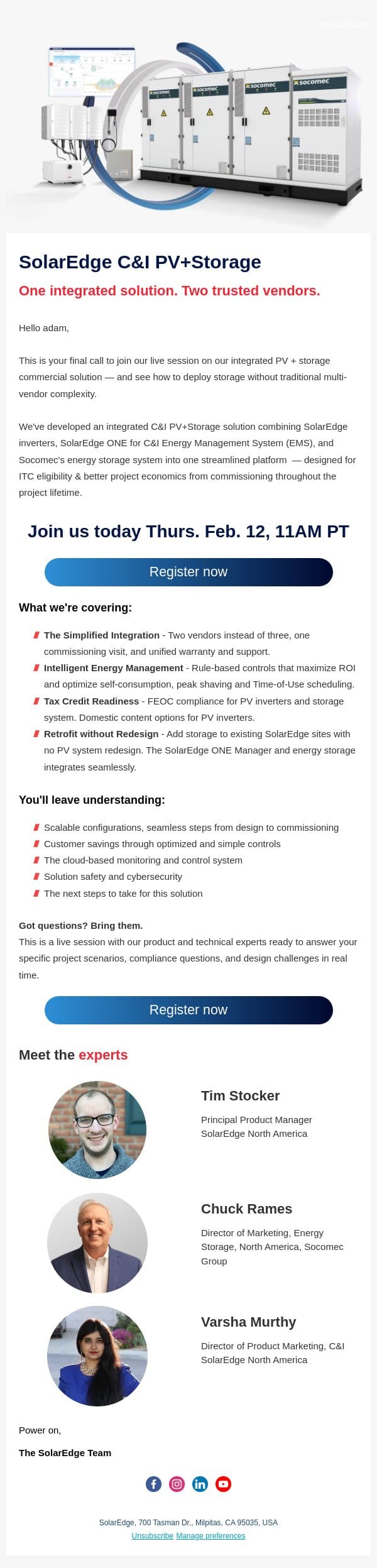 Today: C&I Solar Storage and EMS Live Session email from SolarEdge screenshot
