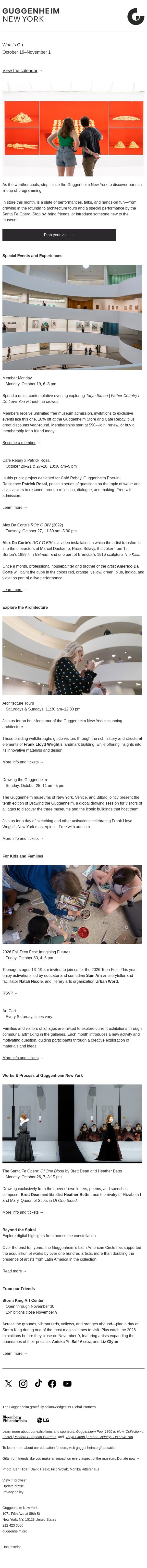 October 19–November 1: Member Monday, Drawing the Guggenheim, Fall Teen Fest, The Santa Fe Opera, and more! email from Solomon R. Guggenheim Museum screenshot