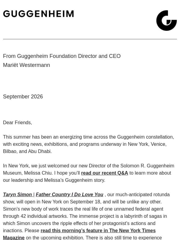 A dynamic new season begins across the Guggenheim email from Solomon R. Guggenheim Museum