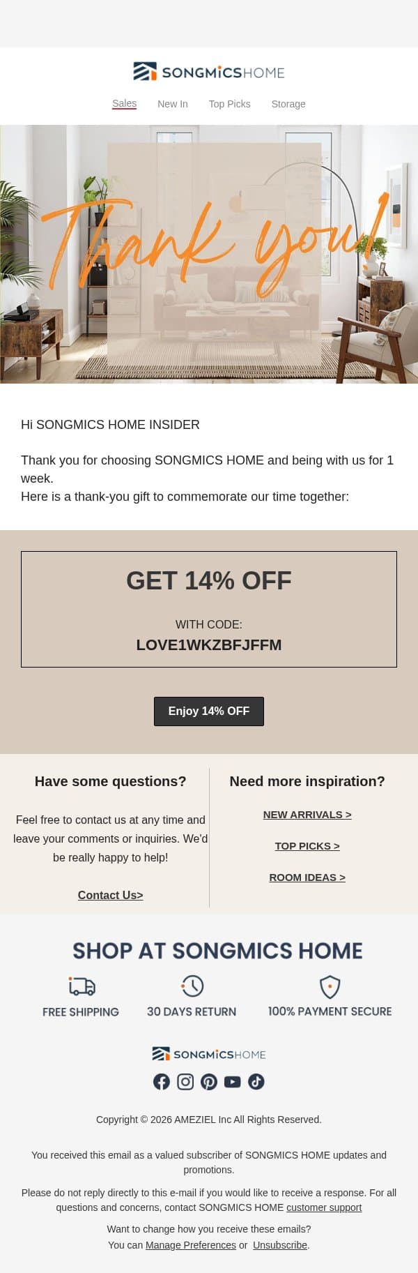 Unwrap your thank you present π email from SONGMICS screenshot