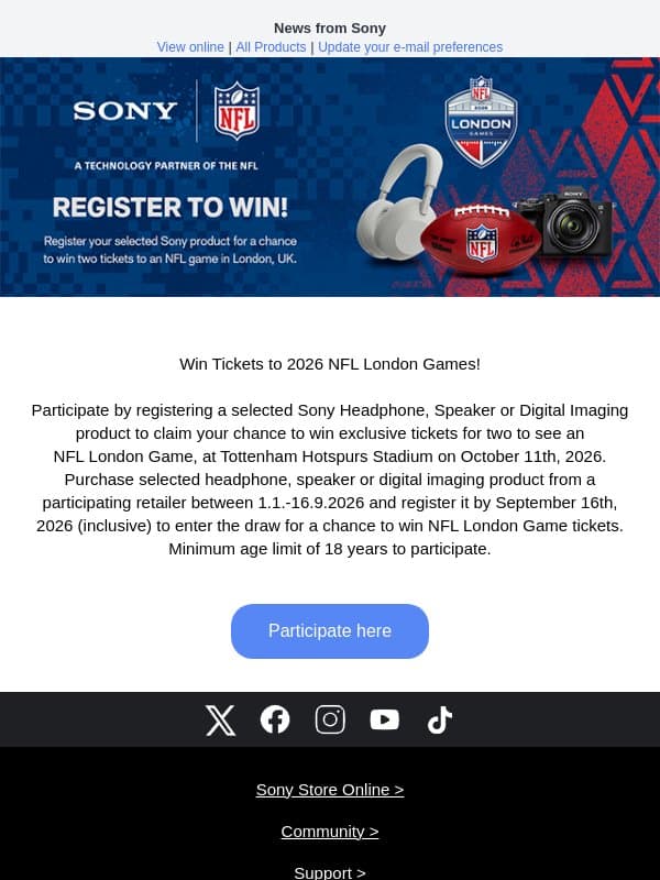 Win Tickets to 2026 NFL London Games email from Sony UK