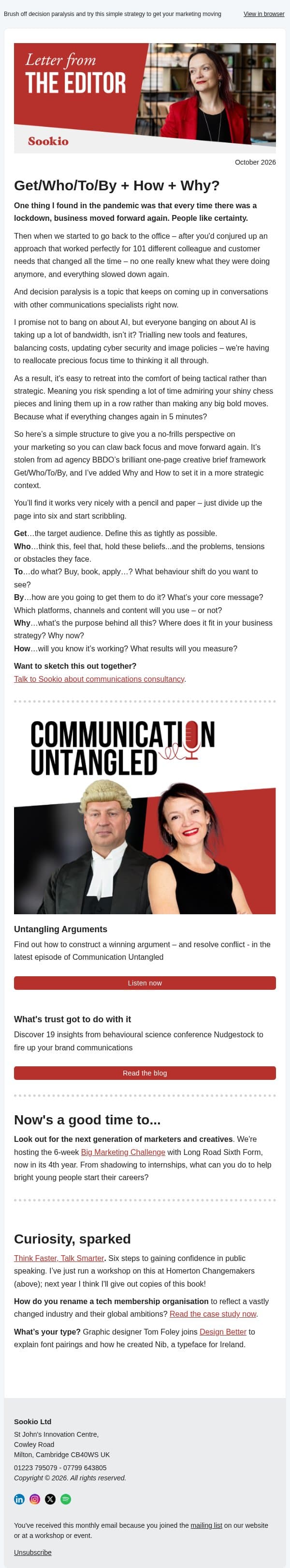 Get/Who/To/By + How + Why? email from Sookio screenshot